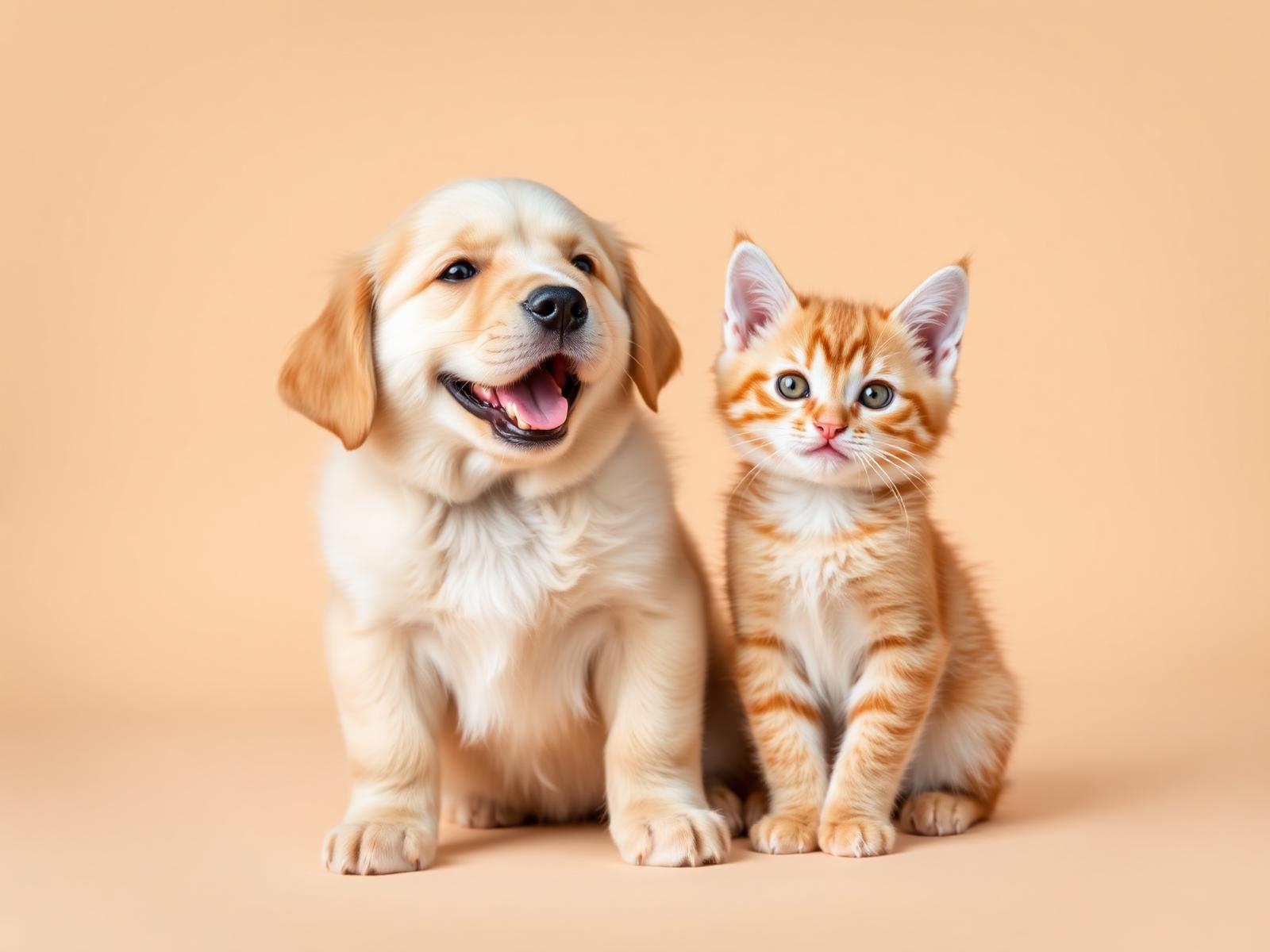 A happy golden retriever puppy and orange tabby kitten